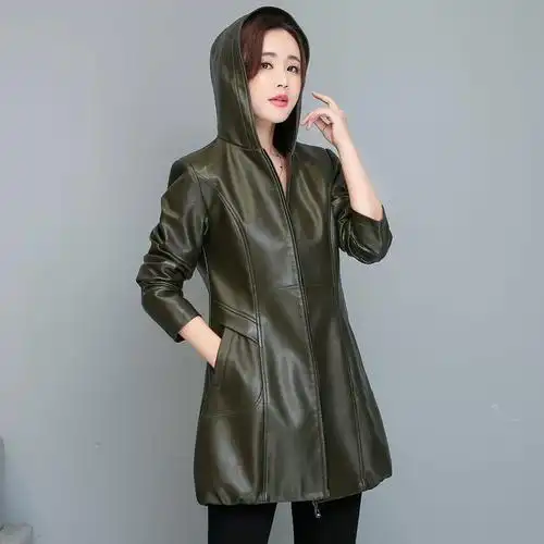 真皮皮衣女中长款 皮外套 连帽皮夹克韩版 春秋季 - 女装/女士精品