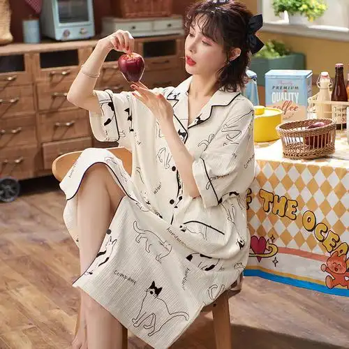 睡裙女士睡衣裙子夏季短袖卡通可爱夏天薄款衬衫开衫长款长裙大码