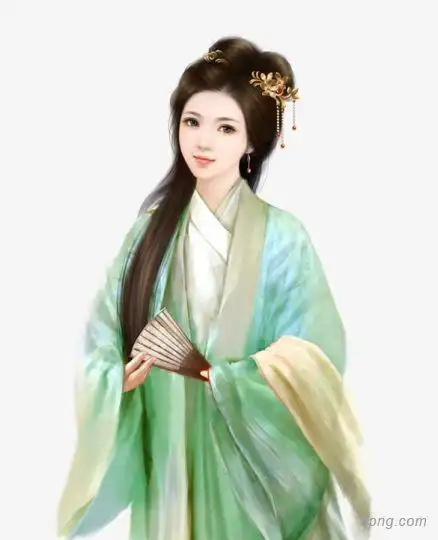 手执折扇身着烟绿色衣裙的古风美女png素材透明免抠图片-动植人物