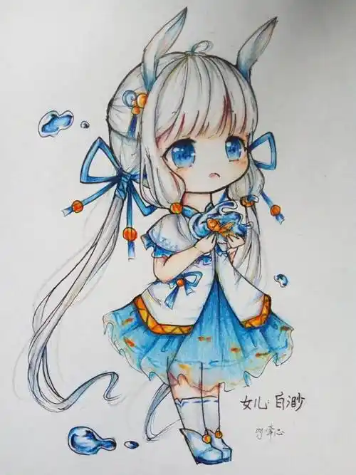 可爱少女呆萌q版水彩人设白渺[作者°牵心]萌萌哒q版手绘动漫,针管笔