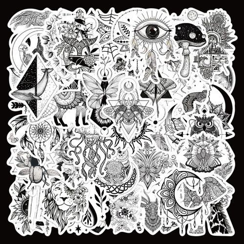 100张卡通创意黑白暗黑哥特花纹贴纸ins高颜值装饰手账手机小贴画