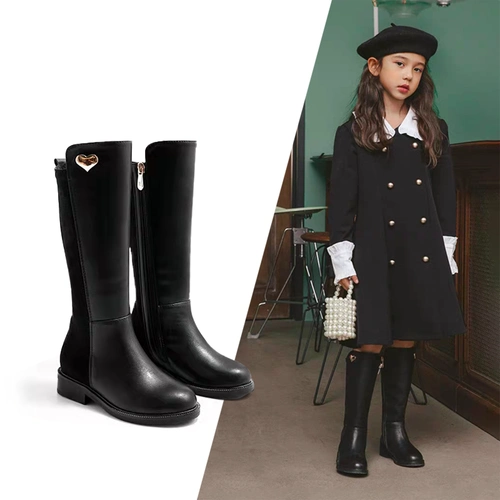 女童靴子中大童高筒皮靴2022新款秋冬长筒加绒时尚靴儿童高筒长靴
