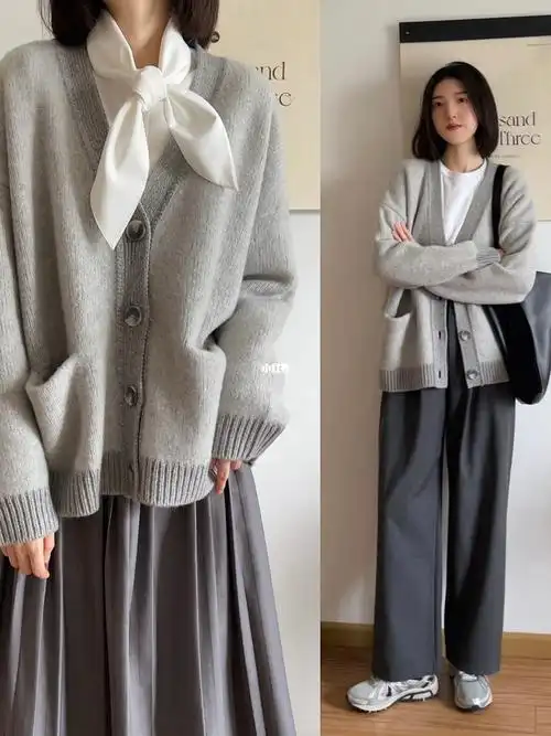 简约时髦灰色系毛衣开衫穿搭