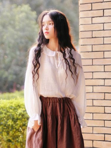 枕梦村庄 早秋上衣宽松长袖衬衣系带娃娃衫复古文艺女衬衫新