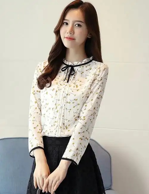 尊势 秋装新款女装衬衫女印花绑带韩版立领碎花系带长袖雪纺衫女装