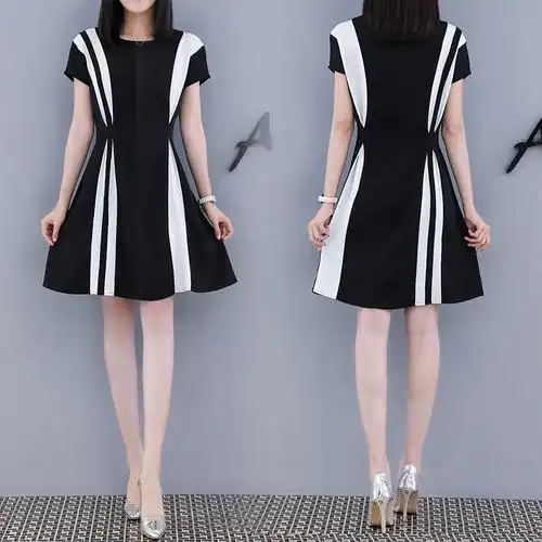 2018新款夏季韩版女装时尚中长款黑白拼接收腰显瘦气质雪纺连衣裙
