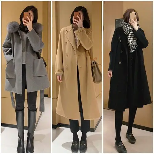 大衣 牛仔裤/毛呢半身裙搭配上,可以选择搭配中性灰的萝卜裤(哈伦裤)