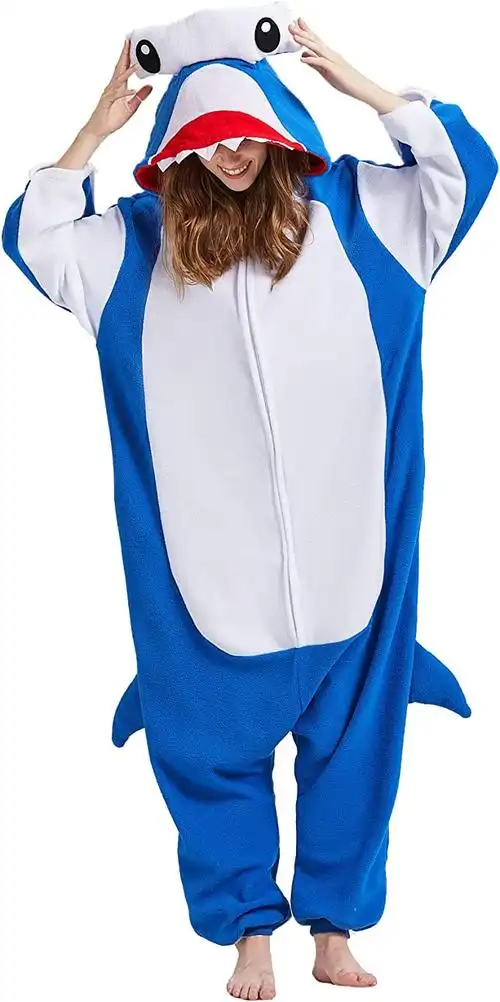 成人鲨鱼连体衣圣诞角色扮演锤头鲨鱼睡衣服装毛绒动物家居服睡衣适合