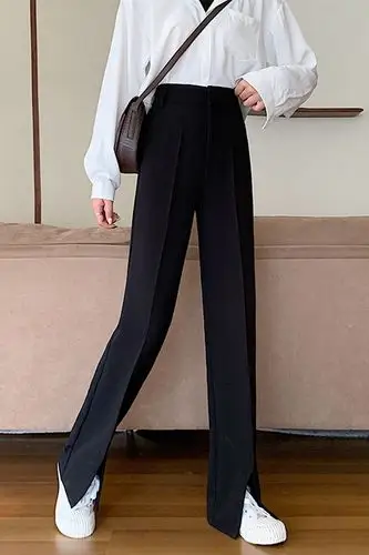 休闲裤 strong>女 /strong>春秋新款街头黑色高腰宽松垂感直筒西装