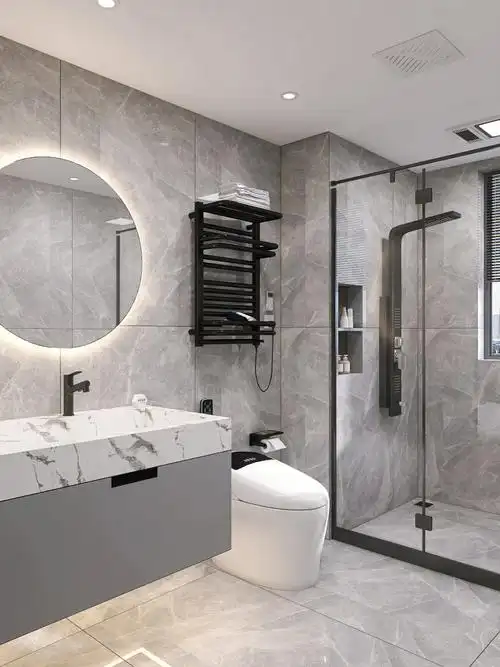 耐脏灰大理石浴室装修智能马桶这样选