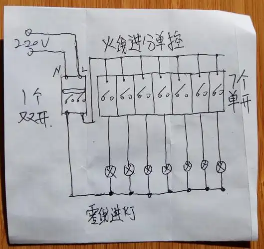 二相电箱七路照明线路怎么接电线图解?
