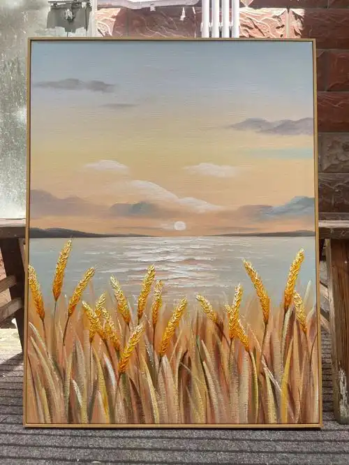丰收金色麦田手绘油画日出风景,现代简约玄关客厅油画海景挂画60*80