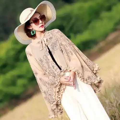 新款春夏季防晒大披肩时尚百搭丝巾长袖套驾车骑行长袖披风围巾