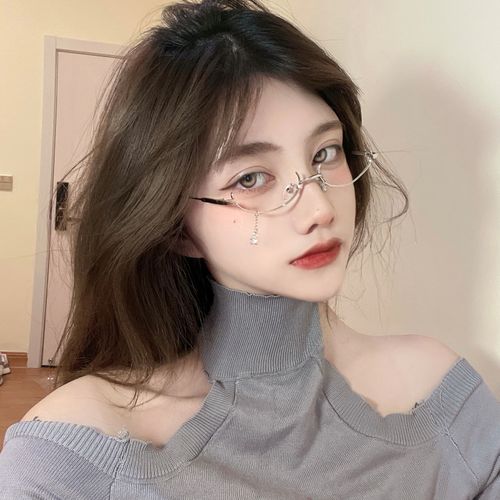 日系无镜片网红下半框复古链条个性无上框装饰眼镜弧形框架女半圆