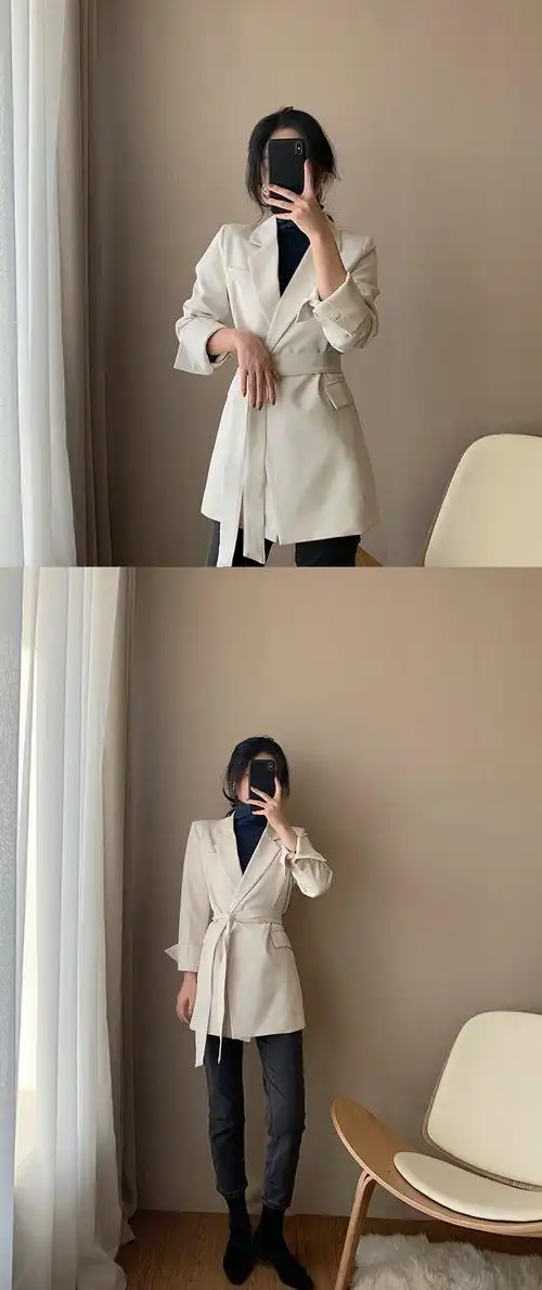 chic西装外套女韩版复古港风米色收腰显瘦系腰带小西服百搭暖青汇