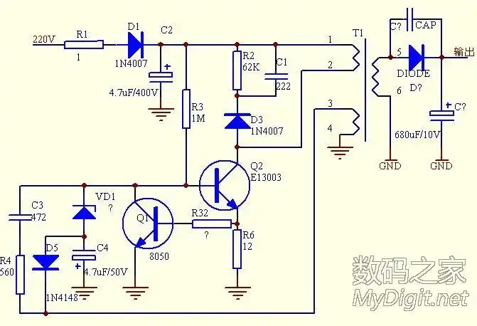 网友自画的,标出来让大家看下位置,这是瑞能5号7号电池充电器的电路图