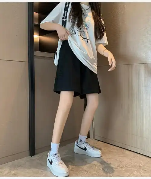 白色运动短裤女夏季宽松直筒休闲阔腿五分裤卫裤薄款中裤