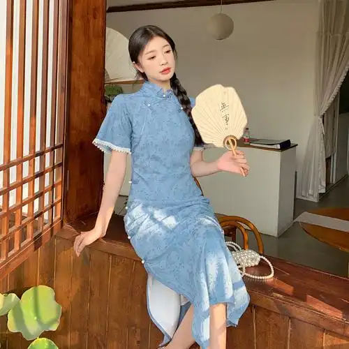 实拍现货#150小矮个子民国风改良新中式旗袍连衣裙夏季a字中长款 - 17