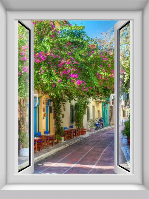 假窗户仿真风景画仿真竖款假窗户墙纸贴画3d卧室立体欧洲小镇地中海