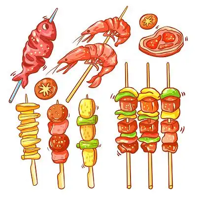 烤串串香肉串丸子组合插画素材红色手绘卡通暖冬火锅海报中国风点缀