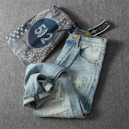 美式复古浅色磨破补丁牛仔裤春装新款
