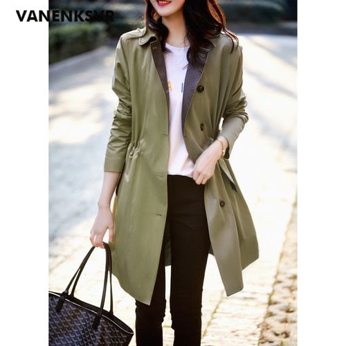 vr)轻奢品牌中长款风衣女 珠链点缀 抽绳显瘦收腰外套 秋季新款女装