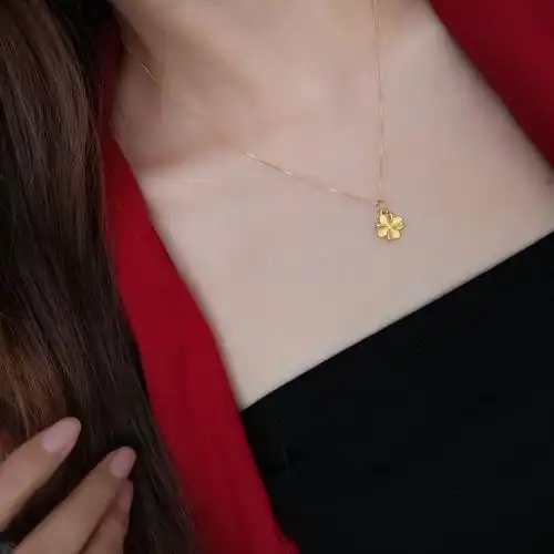 四叶草项链吊坠999足金黄金挂坠女款3d硬金锁骨链纯金套链送女友