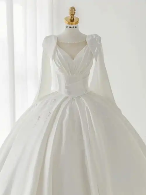 高级月光白78柔光缎面珍珠婚纱丨中山婚纱