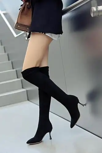 冬新品2018秋冬季尖头高跟过膝长靴女瘦瘦弹力靴细跟性感百搭高筒靴