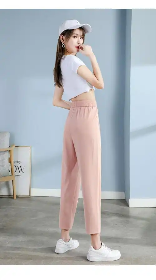 春秋休闲裤女高腰休闲哈伦女裤女秋透气百搭九分萝卜裤宽松显瘦白色