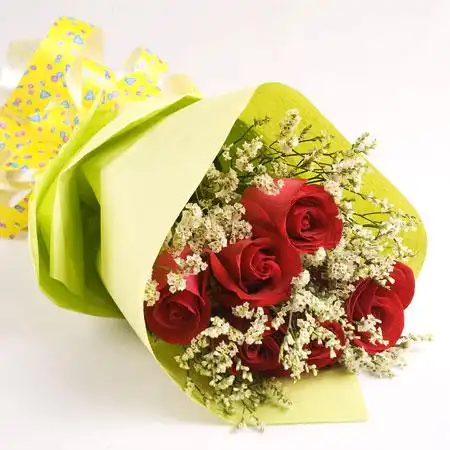 温州花店 永嘉县花店     花材:6支红玫瑰,搭配水晶草  包装:草绿色手