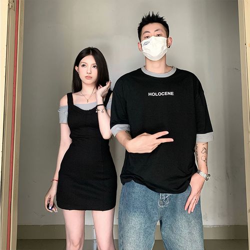 2023年夏季新款情侣装短袖t恤男连衣裙一裙一衣套装气质高级感潮