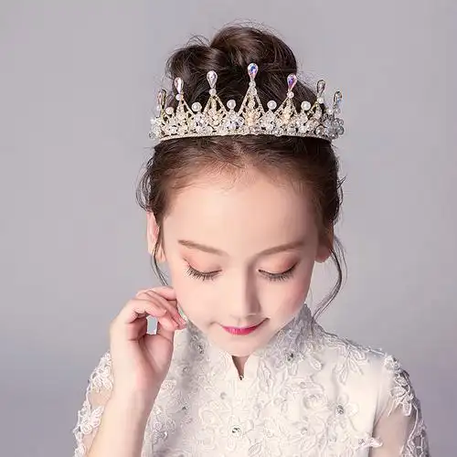 图片色儿童皇冠头饰公主女童生日发饰王冠水晶小孩花童演出珍珠配饰