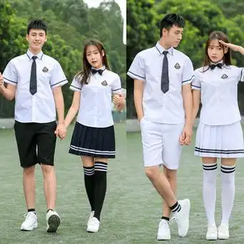 白色短袖黑边衬衣男女校服套装格子短裙jk制服高中学生学院风班服-阿