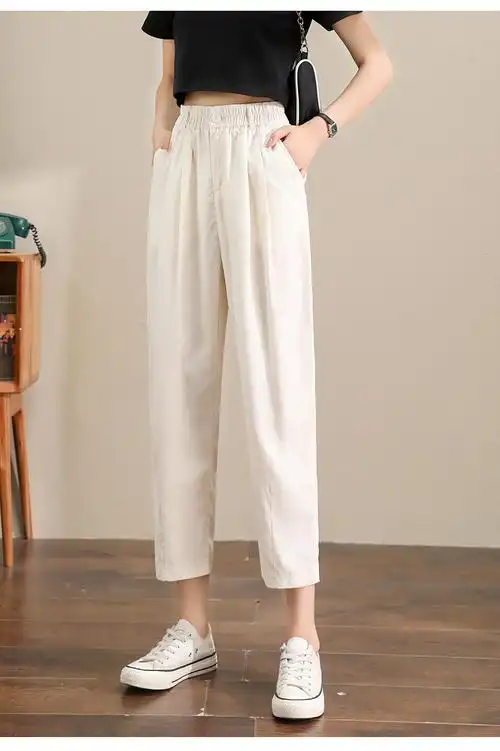 休闲裤女小个子夏天哈伦裤女夏季薄款宽松女裤棉麻九分裤高腰亚麻裤子