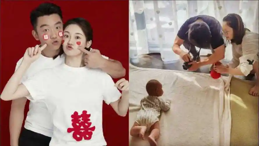 郑恺晒一家三口合照庆祝女儿百天苗苗拿玩具逗孩子画面温馨