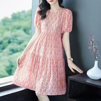 古跃鸿矮个子夏天雪纺连衣裙小个子短款粉色大码宽松气质名媛新款女