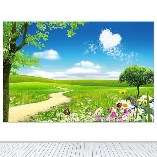 蓝天爱心草地草原墙贴壁画小路大树装饰画小花小草卧室背景画定制