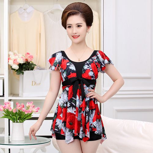 妈妈款中老年游泳衣女保守大码胖人大妈老人温泉宽松分体裙式泳装