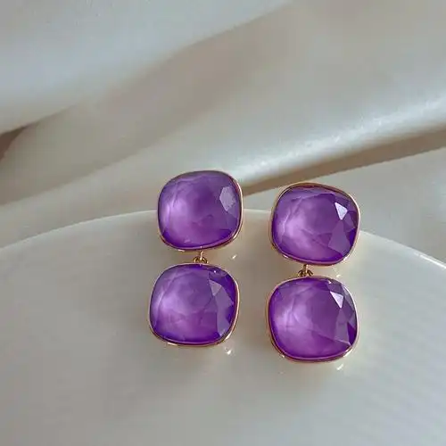 复古港风时髦浓情紫色几何方形闪耀切面水晶镀金925银针耳钉耳环