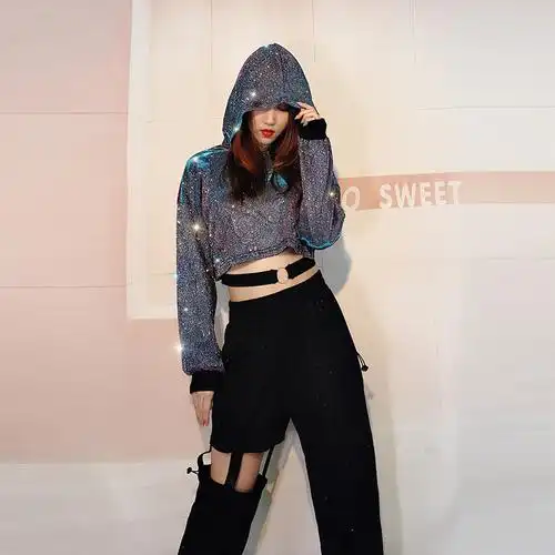 爵士舞街舞表演服装女酷炫闪闪发光宽松长袖短款卫衣连帽露脐上衣