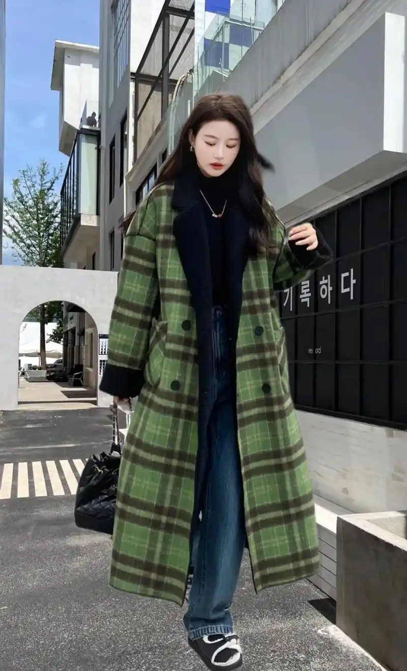 缘色格子两面穿毛呢外套女冬季韩版时尚气质