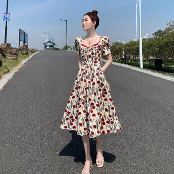 夏季2023新款女装高腰显瘦泡泡短袖温柔风长裙子玫瑰裙s码建议8595斤