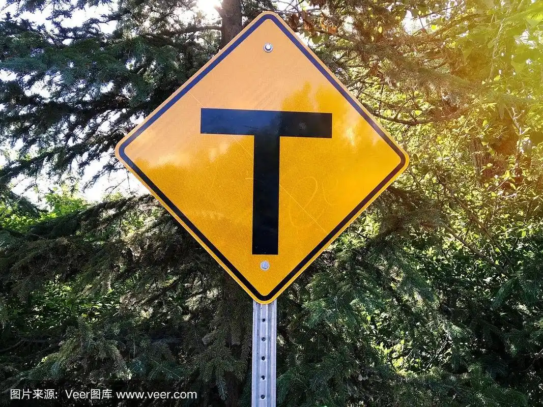 t十字路口标志在树的背景在公园