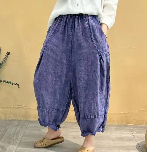 民族风复古做旧砂洗哈伦裤女春季新款纯亚麻灯笼裤大码休闲老爹裤