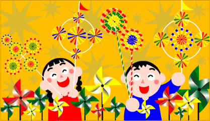 卡通 风车 开心 笑容 红衣服 转动