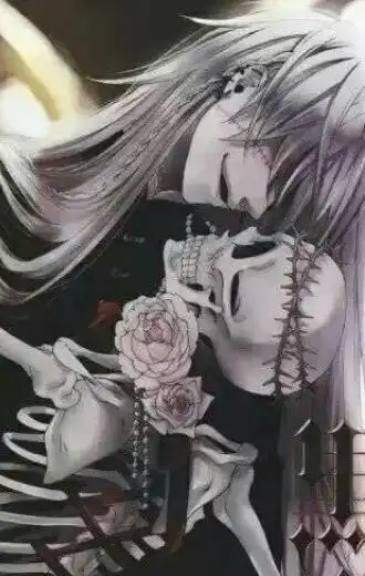 动漫银发长发男抱骷髅