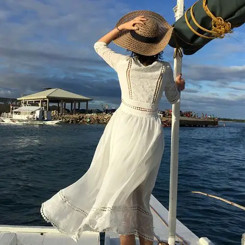 rezendo 重工定制 v领镂空性感蕾丝纯白色优雅女神长裙度假连衣裙