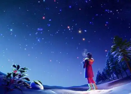 一个女孩在雪地仰望蓝色星空的手机壁纸