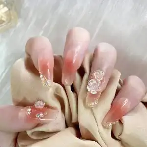 玫瑰桃腮穿戴甲高级感美甲贴片成品手工定制假指甲仙女风夏季长款